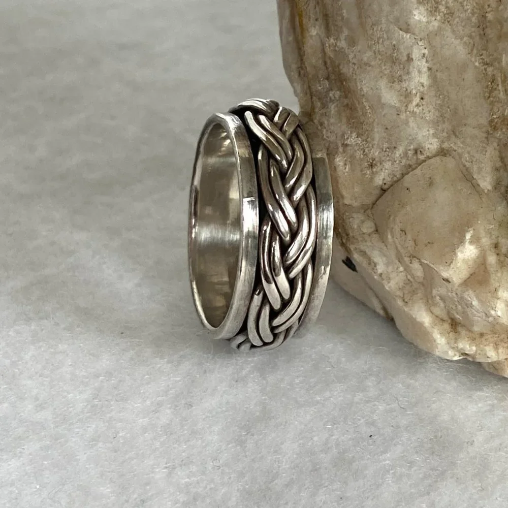 Sterling Silver 925 8MM Unisex Braided Rope Wide Band Spinner Ring Size 8.25 8g